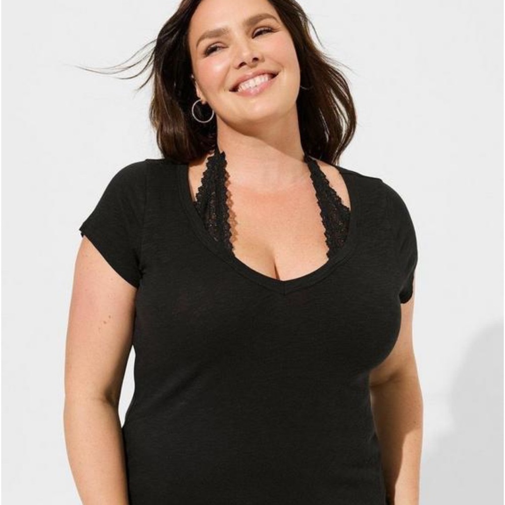 Torrid Black V-Neck T-Shirt with faux racer back Lace Detail